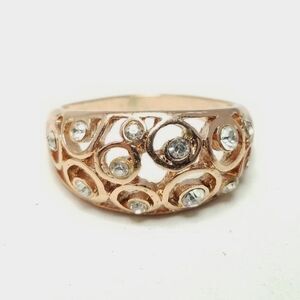 Vintage Rose Gold Color Rhinestone Ring, Curved Dome Shape Band, Stacking